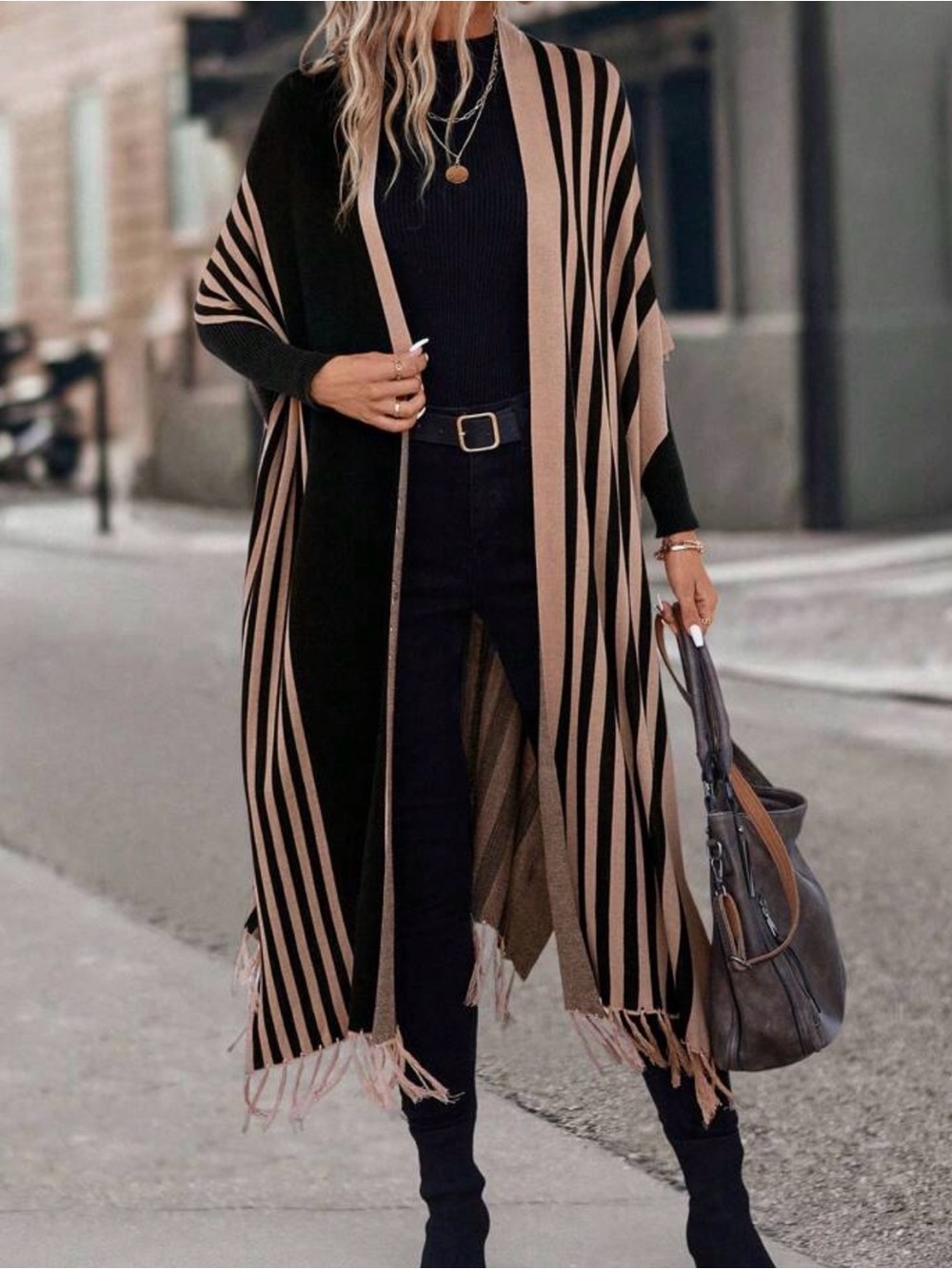 Striped Fringe Open Front Cardigan - Black & Beige